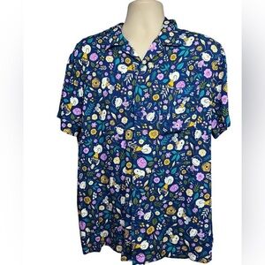 Peanuts Snoopy Charlie Brown Lucy Hawaiian Blue Floral Button Shirt Sz M Pocket